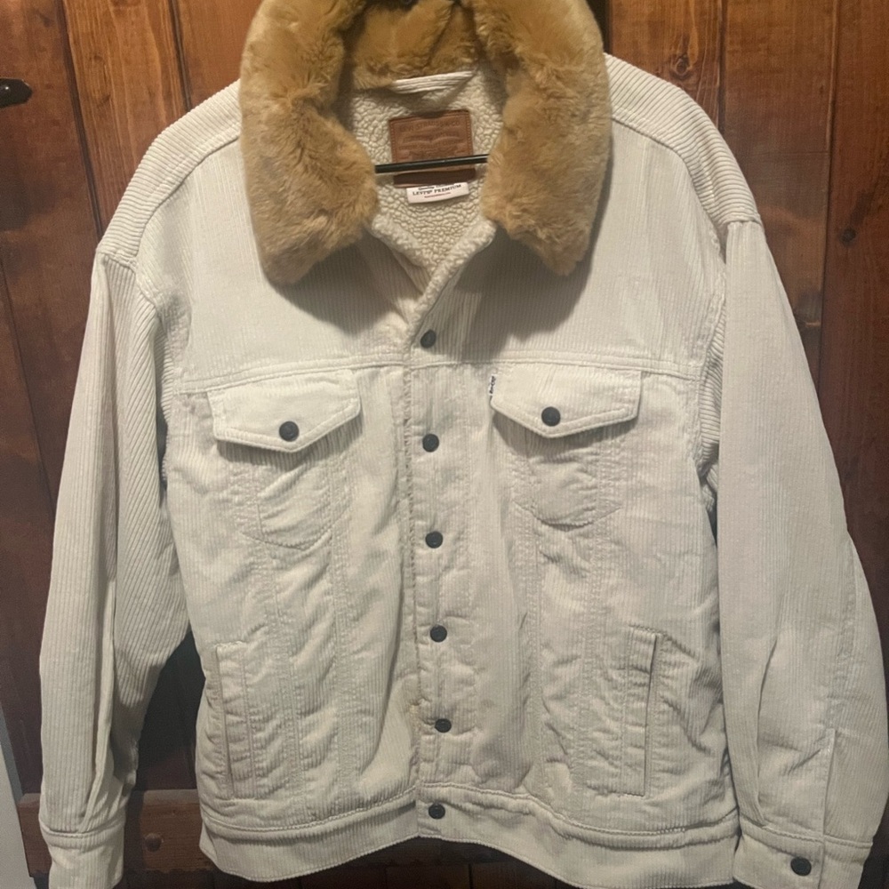 Women’s Cream Corduroy Jacket with Faux Fur Collar